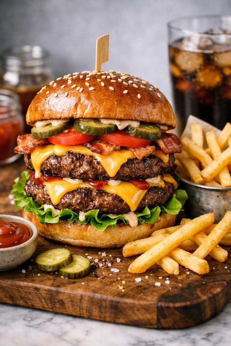 Juicy smoky flame grilled burger stacked high with toppings at Cafe India in Renfrew.